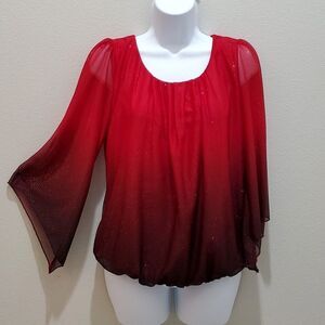 SARA MICHELLE BLOUSE, Sz S, RED SPARKLING, 3/4 SLEEVE, SCOOP NECK, POLYESTER